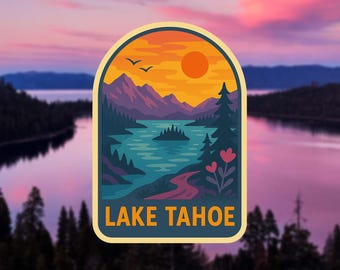 Lake Tahoe Sticker – Retro Mountain Lake Vinyl Decal, Sunset Landscape Adventure Sticker, Waterproof Travel Gift, Nature Lover Aesthetic