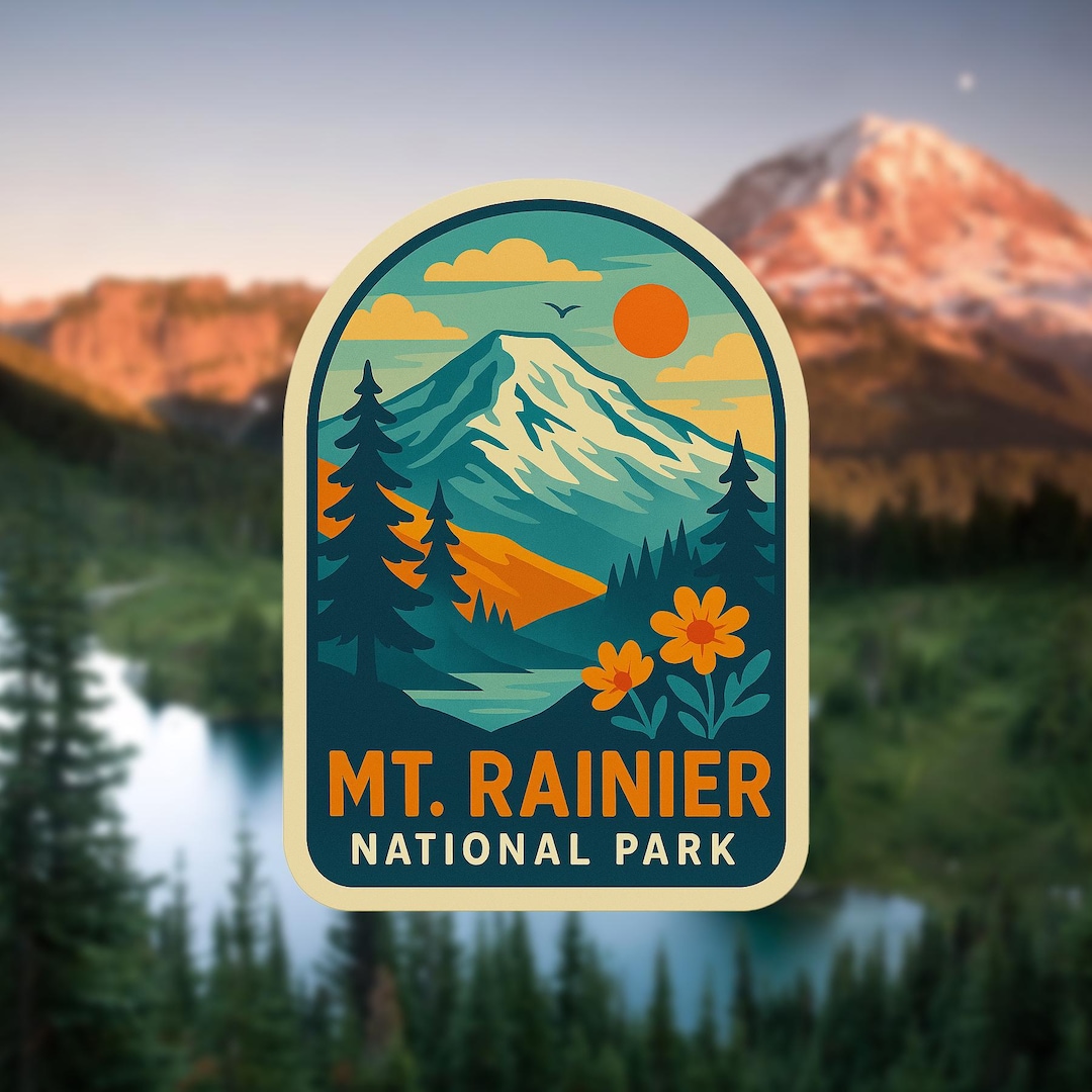 Reineer R Sticker Mt. Rainier National Park Sticker - Retro Mountain Hiking Decal ...