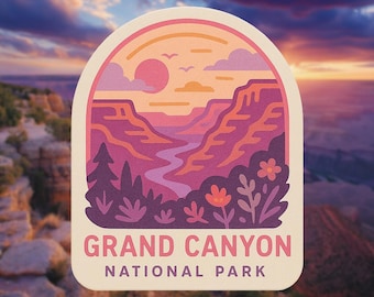 May include: A sticker featuring a stylized illustration of the Grand Canyon National Park. The design includes a sunset, canyon landscape, and the text "GRAND CANYON NATIONAL PARK" in a retro style.