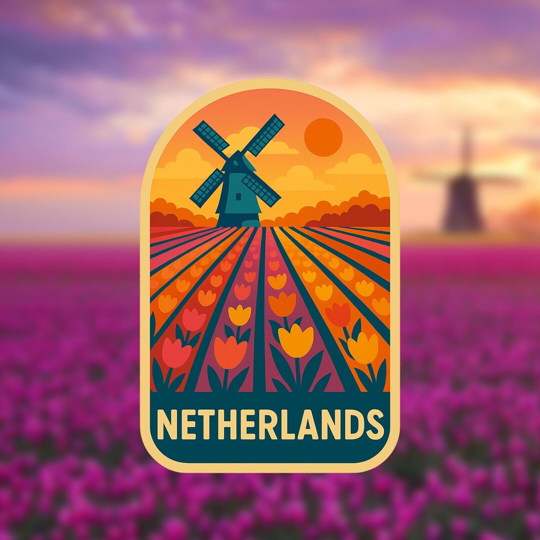 Dutch Tulip Field & Windmill Sticker: Retro Netherlands Travel Art - Etsy
