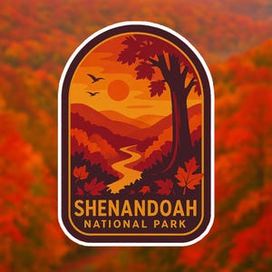 Shenandoah National Park Vinyl Sticker – Fall Mountains, River & Sunset Design | Waterproof, Weatherproof Hiking Decal