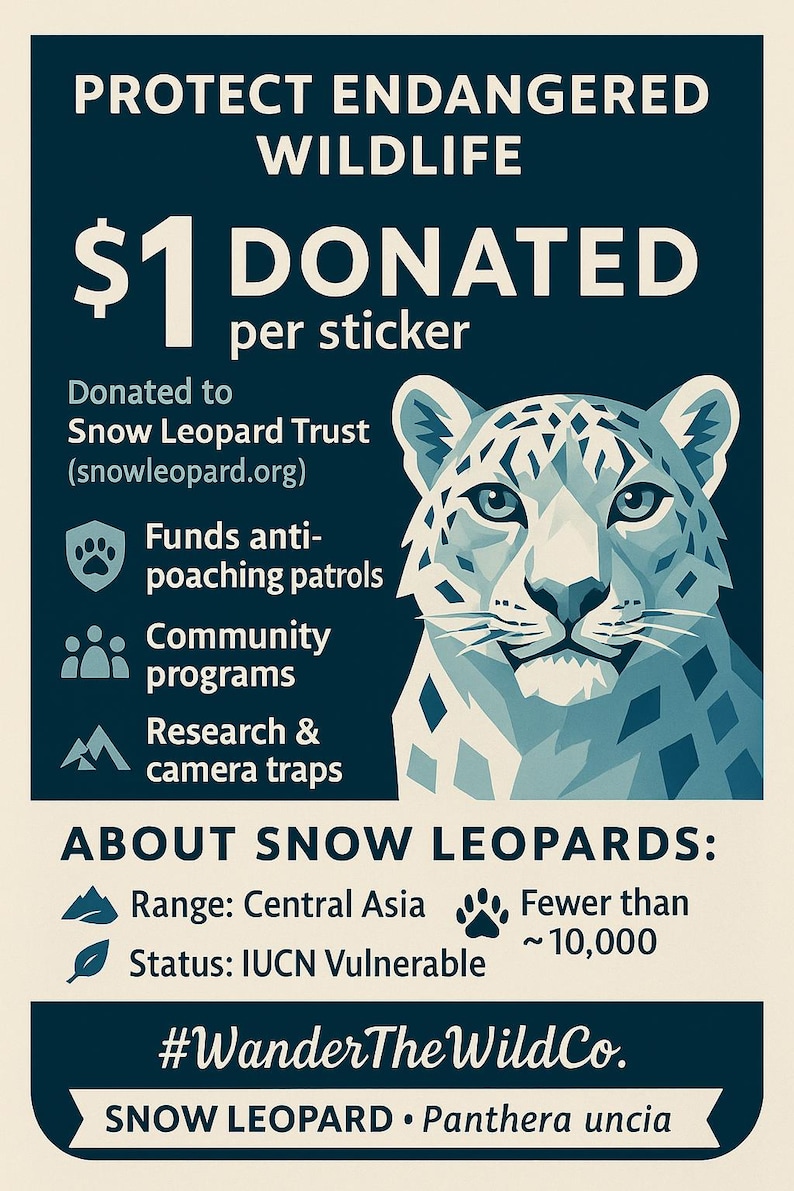 May include: A teal poster with the text "PROTECT ENDANGERED WILDLIFE" and a graphic of a snow leopard. The poster states that $1 is donated per sticker to the Snow Leopard Trust. Information about snow leopards is also included.