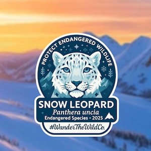 Snow leopard vinyl sticker for water bottles and laptops, featuring an endangered wildlife design. Eco-friendly aesthetic decal for animal lovers, nature lovers, and outdoor enthusiasts. Perfect animal conservation gift or outdoorsy accessory