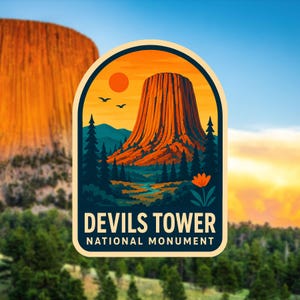 May include: A sticker featuring a graphic illustration of Devils Tower National Monument. The design shows the rock formation in orange and brown tones against a yellow sky with a sun, dark green pine trees, a blue stream, and text reading DEVILS TOWER NATIONAL MONUMENT.