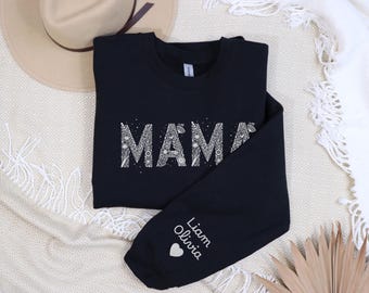 MAMA Sweatshirt, Boho Style Gift for Mom, Customizable Crewneck Jumper, Mother&#39;s Day Present, Neutral Tones Pullover, Trendy Earthy