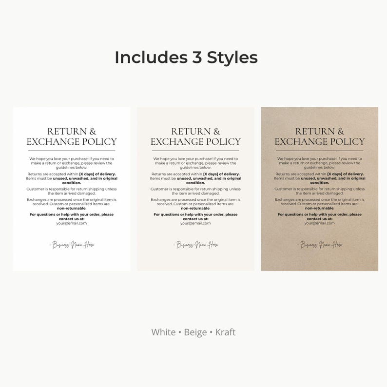 Return & Exchange Policy Card Template • Small Business Packaging ...