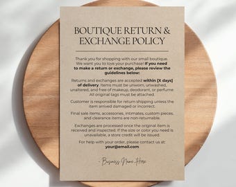 Boutique Return & Exchange Policy Card Template, Editable Canva Insert for Small Business, 5x7 Packaging Card