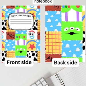 May include: A composition book with a patchwork cover design featuring various patterns including blue sky with clouds, yellow grid, cow print, and green alien faces. The front cover includes a white label with the text COMPOSITION BOOK.