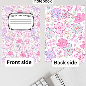 May include: A composition book with a white cover featuring a repeating floral pattern in shades of pink, light purple, and pale blue. The front cover includes a central white label with the text COMPOSITION BOOK and three horizontal lines.