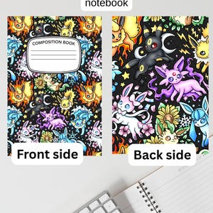 May include: A composition book cover featuring a black background with a repeating pattern of colorful creatures, sunflowers, flames, and snowflakes. The front side includes a white label with the text COMPOSITION BOOK. The text at the top reads: Please note that this is a mock up and scaling might be slightly different with finished notebook.