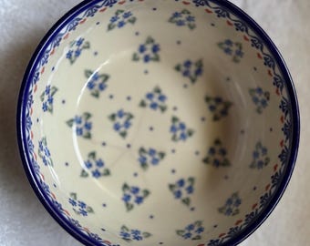 7-inch 'Forget Me Not Swirls' pattern Polish Pottery bowl handmade by artisans Made by Ceramika Bona in Boleslawiek Poland signed