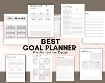 Könnte beinhalten: Ein druckbarer Zielplaner mit rosa und weißem Hintergrund. Der Planer enthält Seiten für monatliche Ziele, vierteljährliche Ziele, Vision Board, Bucket List, Zielsetzung und Zielverfolgung. Der Text "BEST GOAL PLANNER" ist in Schwarz auf rosa Hintergrund geschrieben.