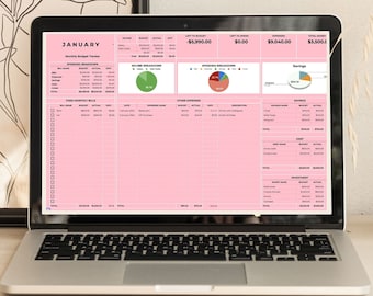 Hoja de cálculo de presupuesto mensual rosa: Planificador financiero de Google Sheets (descarga digital)