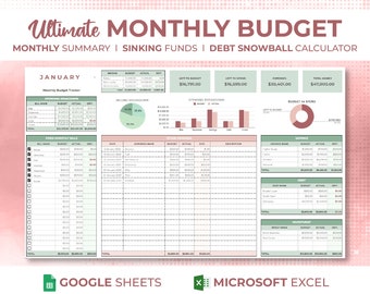 Feuille de calcul budgétaire mensuelle personnalisable, modèle de budget Google Sheets, outil de suivi de budget Excel, planificateur financier, agenda de dépenses mensuelles