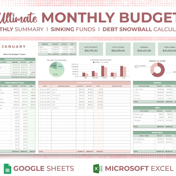 Customizable Monthly Budget Spreadsheet, Google Sheets Budget Template, Excel Budget Tracker, Financial Planner, Monthly Expenses Organizer