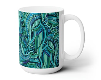 Caneca de café de cerâmica turquesa com estampa abstrata, presente para amantes da arte.