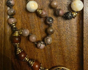 Mala Beads: Rhodonite, Jade, Gold Tone Goddess Pendant, Pagan Ritual Tool