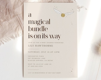 May include: A beige baby shower invitation with gold lettering. The invitation reads "a magical bundle is on its way" and includes details for the event, including the date, time, location, and RSVP information. The invitation also features a graphic of a golden snitch from the Harry Potter series.