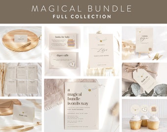 May include: A set of printable baby shower party decorations with a Harry Potter theme. The set includes a welcome sign, a diaper raffle sign, a thank you tag, a book for baby sign, a cupcake topper, and an invitation. The decorations are in a neutral color palette with gold accents.
