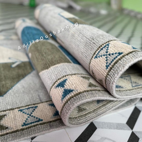 RUNNER OUSHAK Hallway Runner, White Green Accent Blue Oushak Rug Living Room Hand Knotted Turkish Oushak Vintage Area Rug 3x9 2x7 3x10