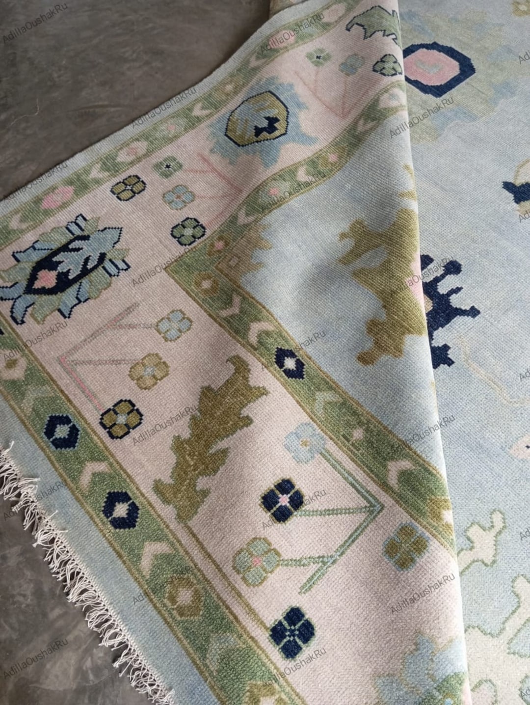 Blue Pink and Green Oushak Rug for Living Room Modern Pastel Oushak Rug