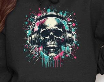 Skull with Headphones Hoodie, Vibrant Skull Graphic Hoodie, Skull Art Sweatshirt, Colorful Splatter Hoodie, Music Lover Gift