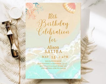 Editable beach birthday party invitation, summer Ocean Birthday Invite Template, Beach Birthday Party, surfer Party Evite, Any Age Template
