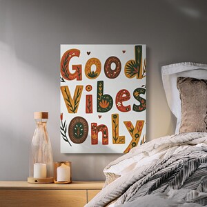 Arte de pared con letras "Good Vibes Only" coloridas, impresión artística con cita positiva, decoración de pared motivacional para el hogar, obra de arte inspiradora
