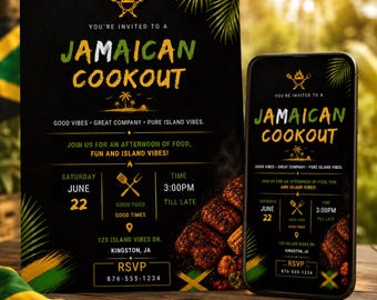 Jamaican Cookout Invitation Template, Editable Canva BBQ Party Invite, 5x7 and Mobile Digital Download.