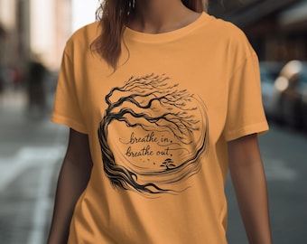 Uniek T-shirt Adem in, adem uit ontwerp, inspirerend T-shirt met boomkunstwerk, motiverend natuurshirt, casual grafisch T-shirt cadeau