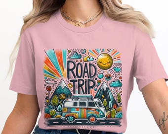T-shirt road trip, t-shirt van rétro, imprimé graphique coloré, chemise de vacances aventure, haut de voyage d'été, cadeau pour amateur de plein air