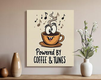 Fun Coffee Art Print, Coffee and Tunes Wall Decor, Quirky Coffee Poster, Music Lovers Coffee Art, Unique Kitchen Wall Art
