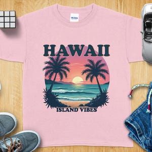 Hawaii Island Vibes Sunset Beach T-shirt, Retro Palm Trees T-shirt, Vintage Tropical Sunset Graphic Tee