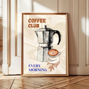 Stampa Coffee Lover Club, poster da cucina alla moda, stampa macchina da caffè vintage, grazioso arredamento per bar, disegno di buongustai, arte murale stampabile