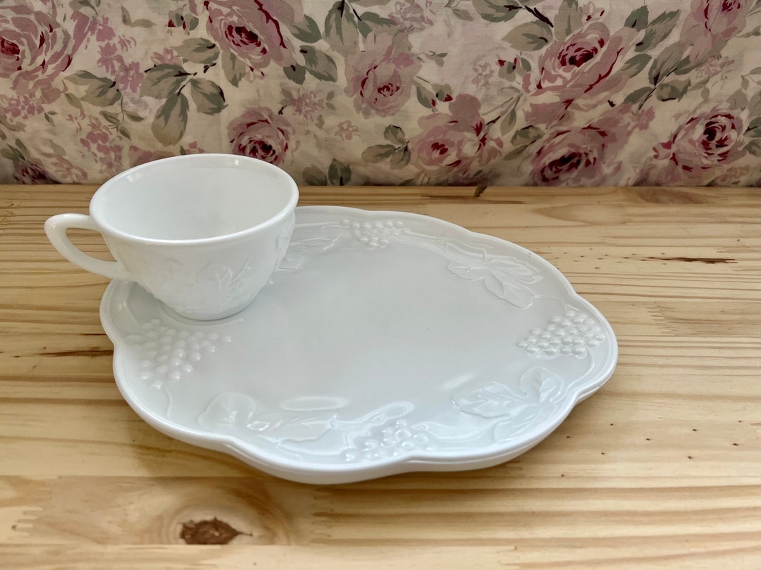 Vintage Milk Glass Snack Set Etsy