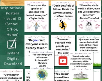 Motivation Posters with Inspirational Quotes, Bundle of 12, Instant Download, Perfect for classroom, offices, libraries, bedrooms, and more!