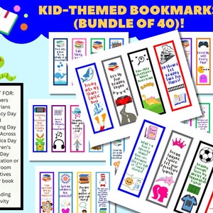 May include: A set of 40 colorful bookmarks featuring kid-friendly themes and illustrations. The bookmarks include images of sharks, dinosaurs, books, and more. The text on the bookmarks includes phrases like "Dive into my Shark-Tastic Book" and "All Aboard! Let Reading Take You Places!"