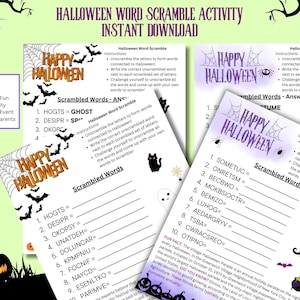 Op de afbeelding: Een afdrukbare Halloween-woordzoekspelactiviteit met instructies en antwoordsleutels. De activiteit heeft een griezelig Halloween-thema met een paars en zwart kleurenschema. De woorden zijn door elkaar gehaald en de speler moet ze ontwarren om de Halloween-woorden te onthullen.