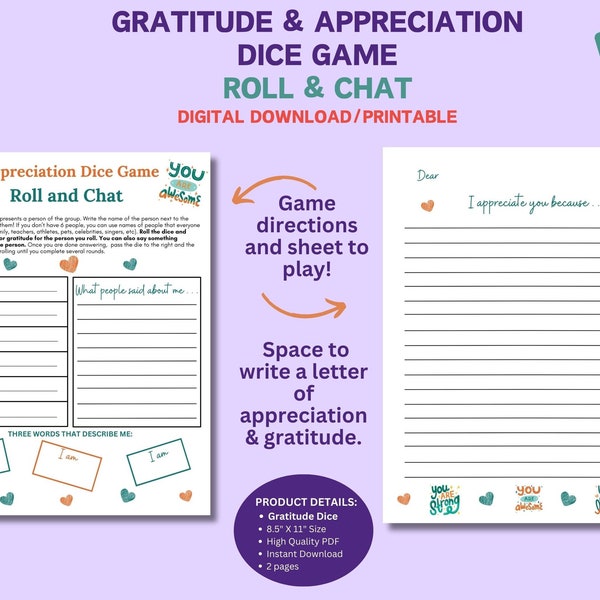 Gratitude Dice Game, Group/Class Activity, Kindness & Appreciation Project, Conversation Ideas, Social-Emotional Learning, Digital Download