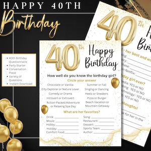 Questionnaire 40e anniversaire, Connaissez-vous bien la fille qui a fêté son anniversaire ?, Quiz/amorce de conversation, Jeu de société, Téléchargement instantané, Petites amies