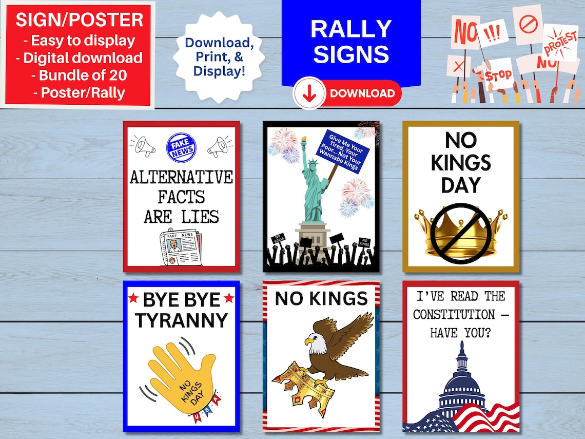 No Kings Day Printable Protest Signs Political Poster Bundle (20