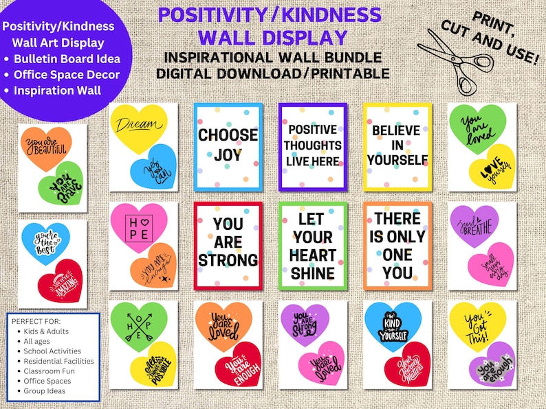 Positive Notes Decorations Kindness & Positivity Wall Art Printable, Heart Display, Bulletin Board ...