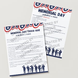 May include: A printable Memorial Day trivia quiz with a red, white, and blue color scheme. The quiz features questions about the history of Memorial Day and its significance. The quiz is decorated with stars and a banner that says "Remember & Honor".