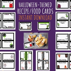 Op de afbeelding: Printbare Halloween-receptenkaarten met griezelige illustraties en namen zoals "Vampierbloed", "Monsterwraps", "Heksenvingers", "Zombieslijm", "Frankensteins Groenten", "Zombie-hersenendip", "Zijdeachtige spinnenwebben", "Heksenbrouwsel", "Mummie-gehaktbrood", "Monsterogen", "Beestachtige hapjes", "Karamel-snoepjes", "Smakelijk", "Ketel vol lekkernijen", "Fangs-tastisch feest" en "Monstermasker".