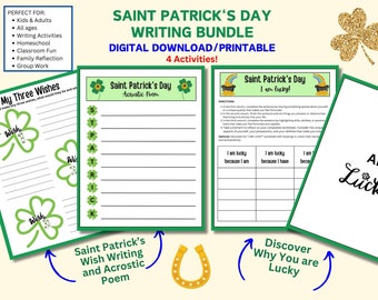 Saint Patrick's Day Writing Bundle, Acrostic Poem, Self Reflection, Activity Pack, Classroom/Homeschool, Creative Writing, Digital Download