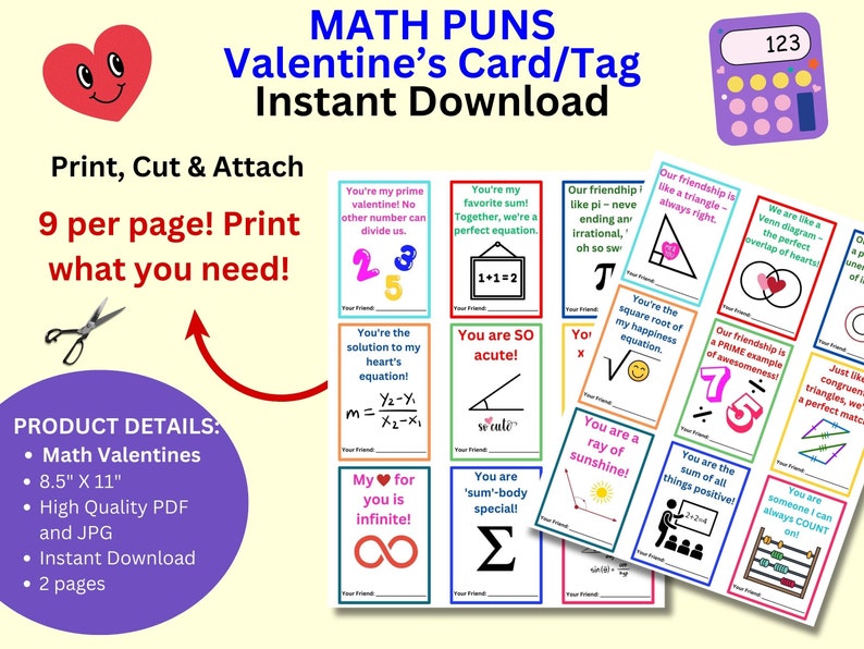 Math Puns: Colorful Valentine's Math Pun Notes, Printable Cards, Digital Download, Valentine's Day Exchange, All Ages, Math Humor, Funny Tag image 3