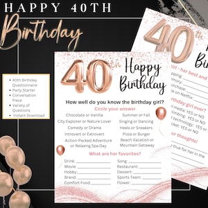 Fragebogen zum 40.Geburtstag, wie gut kennst du das Geburtstagskind?, Trivia/Party Spiel, Freundin Spaß, druckbar, sofortiger digitaler Download