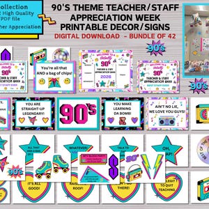 Letreros imprimibles para la Semana de Agradecimiento al Personal y al Profesorado con temática de los años 90 (paquete de 30), decoración para la sala de profesores, descarga digital, espíritu escolar, PDF/JPG