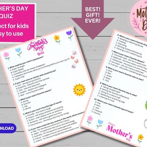 Questionário do Dia das Mães, presente fofo para a mãe, atividade personalizada para crianças, humorístico, questionário para a mãe, faça você mesmo, download digital instantâneo, para impressão