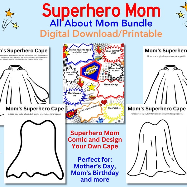 Mom's Superhero Bundle, Mother's Day Gift, Mom's Birthday, DIY Coloring Cape Design, Personalized Gift, Unique, Digital Download, Printable